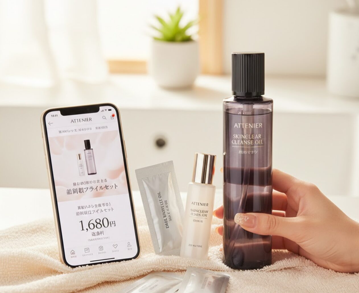 アテニアのスキンクリアクレンズオイルとトライアルセットのミニボトル、パウチが並べられ、隣には公式サイトの初回限定価格を表示したスマートフォンが置かれている。
