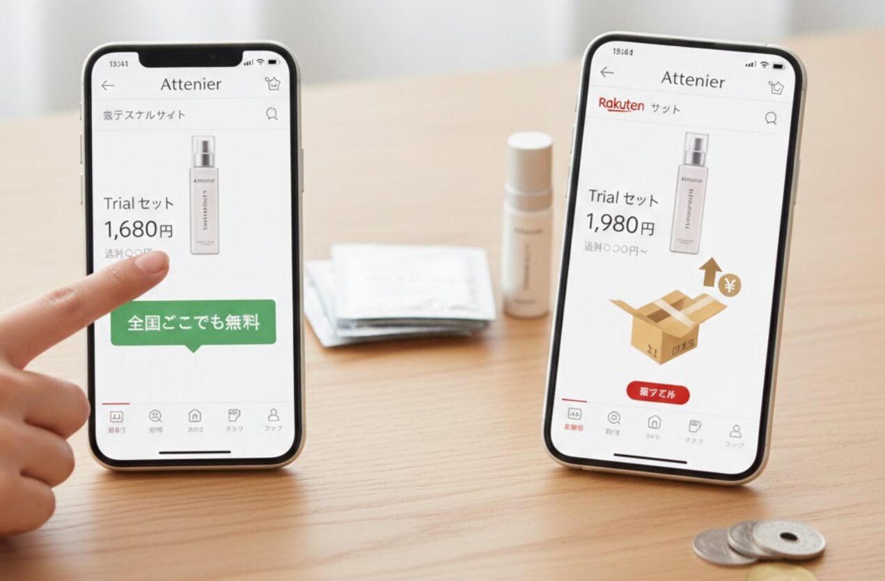 スマートフォンでアテニア公式サイトの送料無料表示と、楽天ショップの送料がかかる表示を比較している。