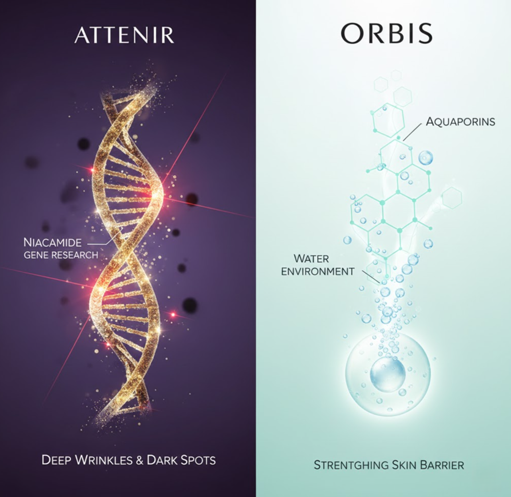 シワ改善・美白（攻めのアプローチ）と、細胞の水分環境・バリア機能（守りのアプローチ）を対比した抽象的な概念図。