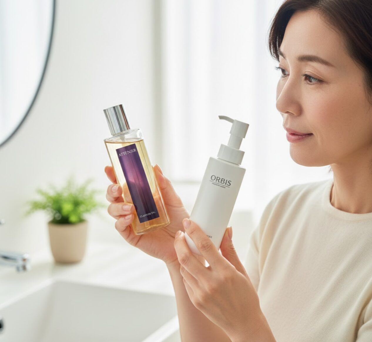 女性が、落ち着いた背景の中で、高級感のある紫色の化粧品ボトル（アテニアをイメージ）とシンプルな白色の化粧品ボトル（オルビスをイメージ）を手に持ち、それぞれのブランドのスキンケアを比較検討している様子。