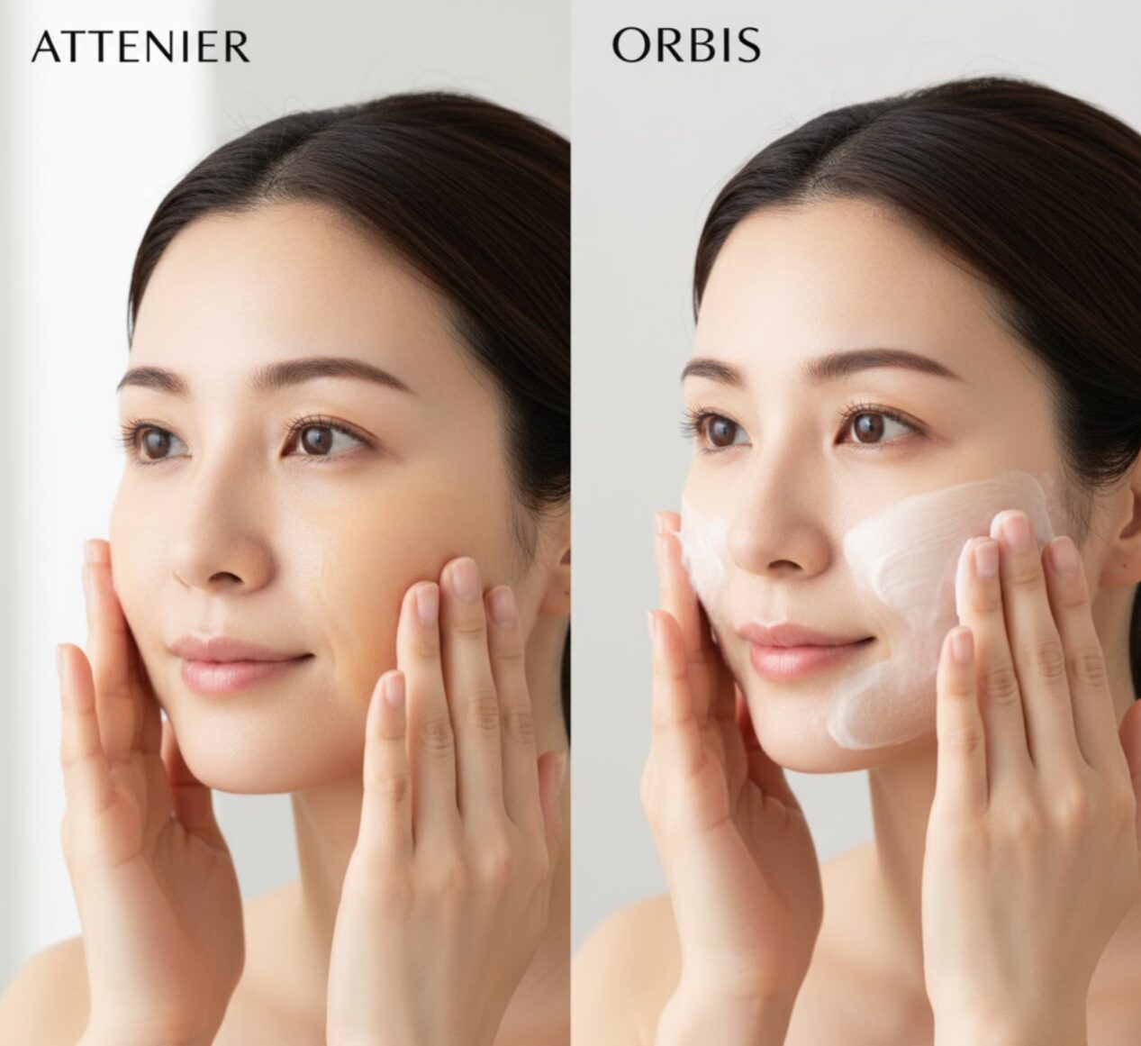 日本人女性が、クレンジングオイルで素早くメイクを落とす様子と、クリームで優しくマッサージする様子を比較。