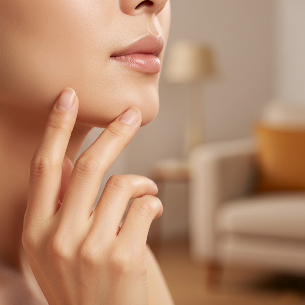 40代から50代のアジア人女性の、ハリと明るさのある肌に手が触れているアップ。